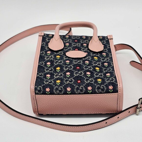 Gucci GG Denim Flowers Mini Tote Bag 400-012925 Brand New with Tag - Picture 5 of 11